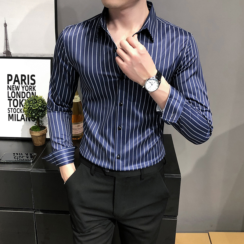 

New Alta Qualidade Primavera Novo 2021 Manga Longa Camisas Listradas Para Roupas Masculinas Simples Todos Os Jogos Fino Ajuste Casual Blusa, Black