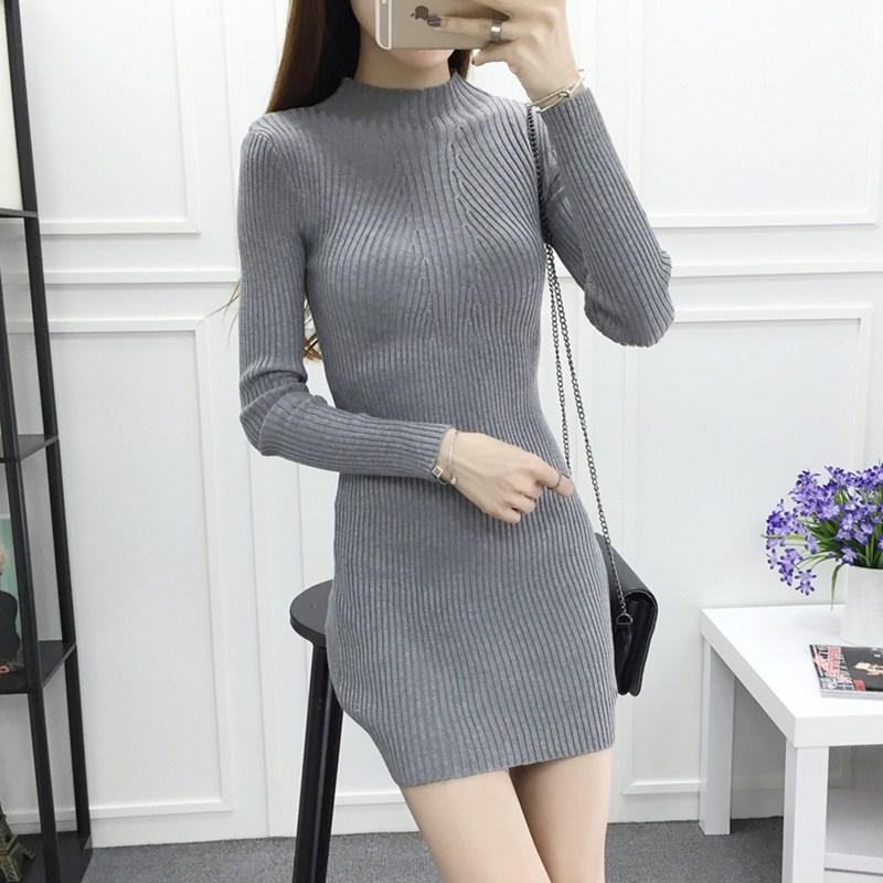 

Casual Dresses Autumn Winter Sheath Knitted Short Dress Turtleneck Women Elasticity Long Sleeve Sexy Mini Simple Sweater, Pk1
