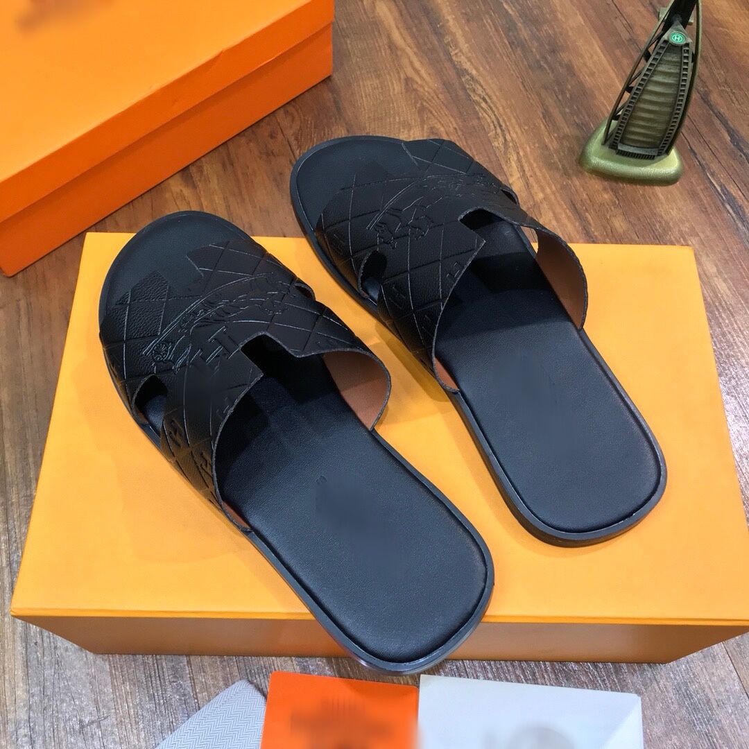 

2021 new Men slipper high quality leather men slides 5 colors summer mens slides plus size, Black