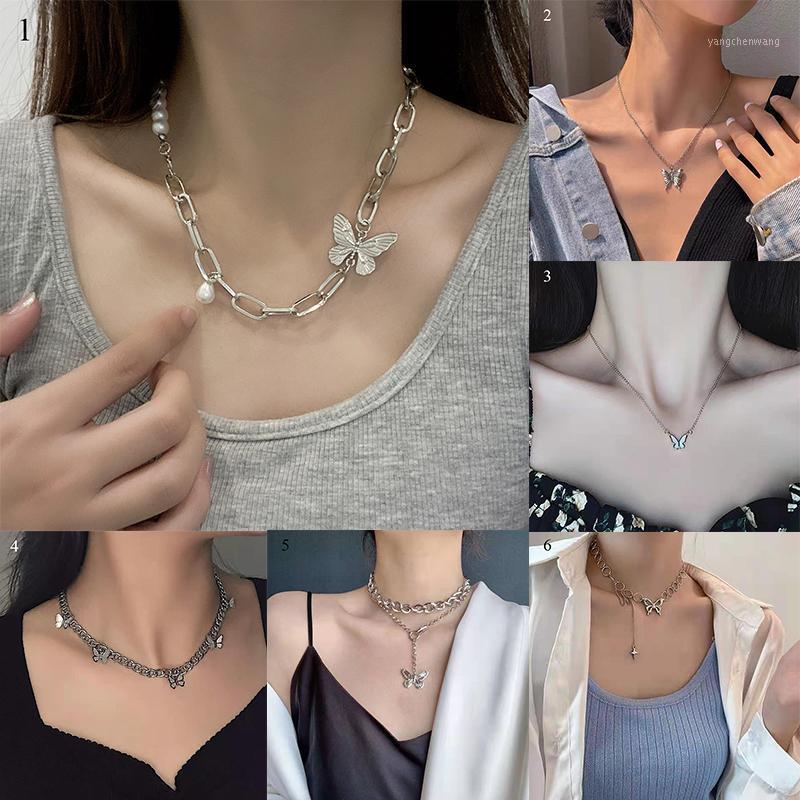 

Chains Fashion Butterfly Crystal Pearl Pendant Necklace Statement Korean Style Stitching Clavicle Chain Jewelry