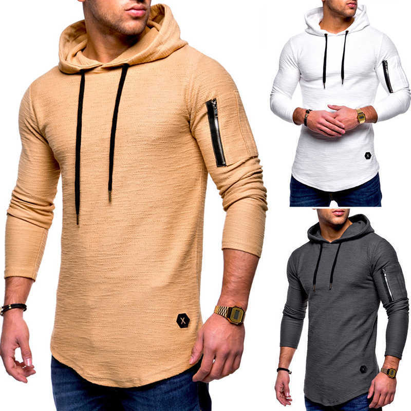 

Autumn And Winter Men' O-neck T-shirts Hooded Solid Long Sleeve T-shirt men zipper Arc Hem Male Clothing Tops Gyms Tee 210603, Cjw077khaki