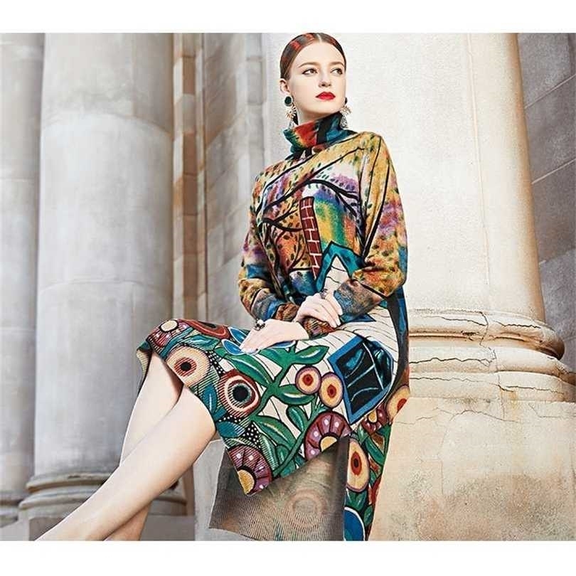 

Autumn Winter Vintage Casual Floral Warm Long Turtleneck Wool Sweaters Elegant Women Print Bodycon Knitting Sweater Dresses 211109, Picture color