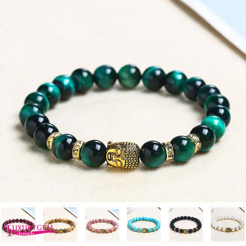 

Beaded, Strands Natural Stone Bracelet Multicolor Material High Quality 8mm Round Beads Elasticity Gold Color Buddha Crystal Jewelry Wk306