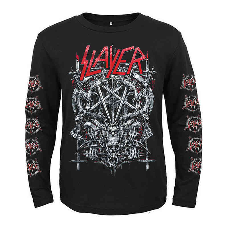 

designs 7 Men's Slayer T-Shirts band SKull Punk Rock rocker men women full long sleeves shirt heavy thrash metal black tee fitness FT6D, White;black