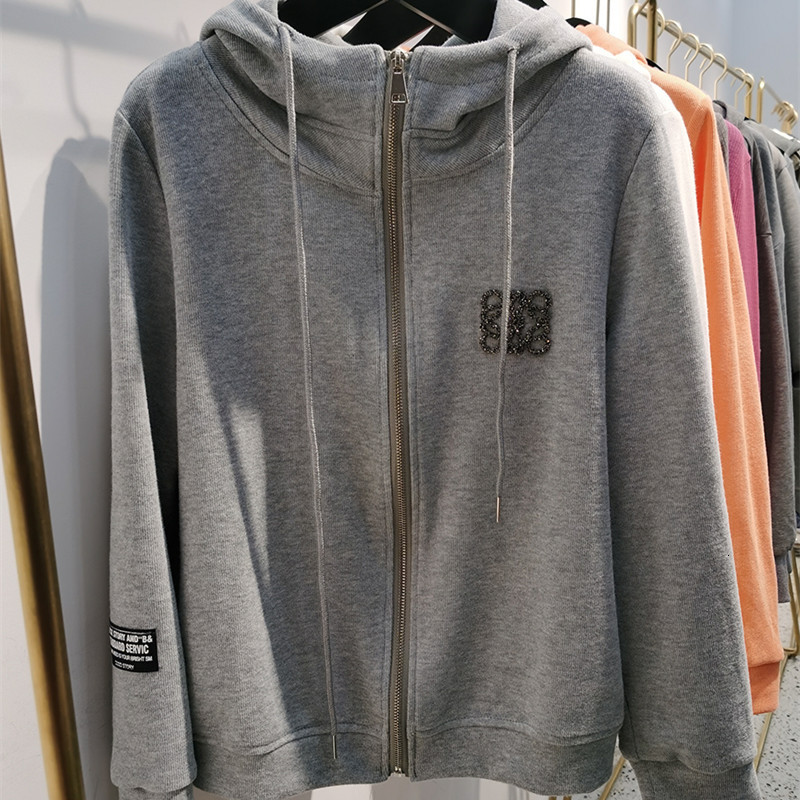 

2021 Gray Cotton Hoodi Diamond Zip-up Solid Brand Quality Fashion Shape Sweatshirt Women Autumn Long Sleeve Casual Coat Fq7z, White