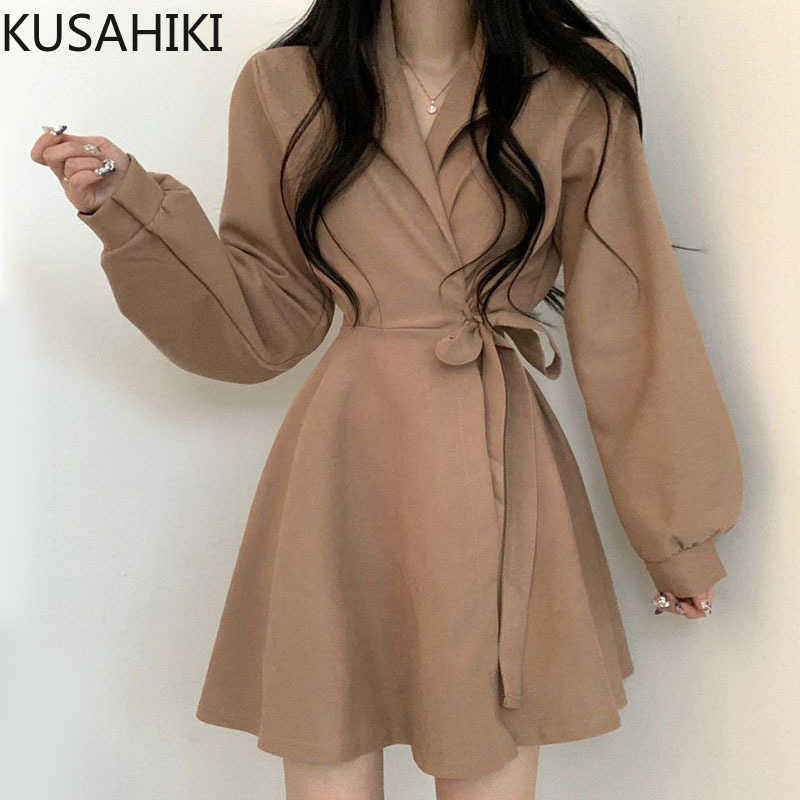 

KUSAHIKI Korea Chic Bow Tie Slim Waisted Dresses Long Sleeve Notched Collar Women Dress Spring Elegant Vestido Femme 6E544 210602, Red
