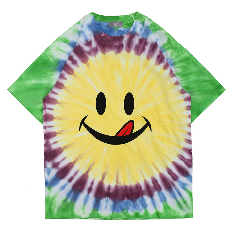 

2021 New Tie Dye Smiley Cotton Oversize Summer Tshirt Mens and Womens High Street Short Sleeve Loose Casual t Shirt Hip Hop o Neck Tees 8ar9, Green