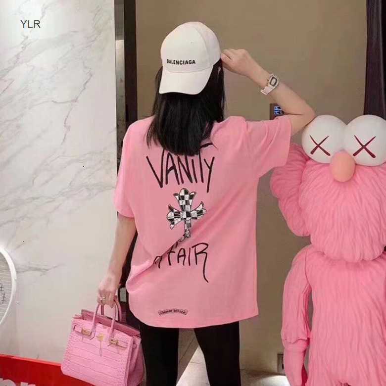 

Fashion brand ins new net red crosin men's and women's short sleeve T-shirt loose OS pink ch cartoon printed cross, Black