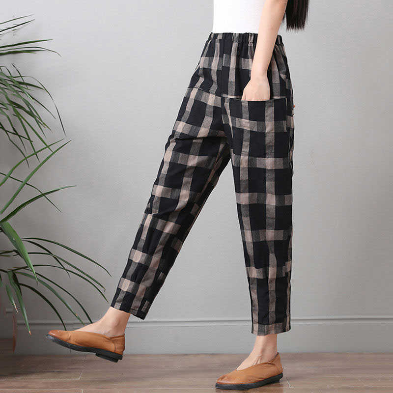 

Spring Summer Fashion Women Harem Pants Elastic Waist Loose Casual Plaid Cotton Ankle-length Pants Ladies Trousers D60 210608, Red