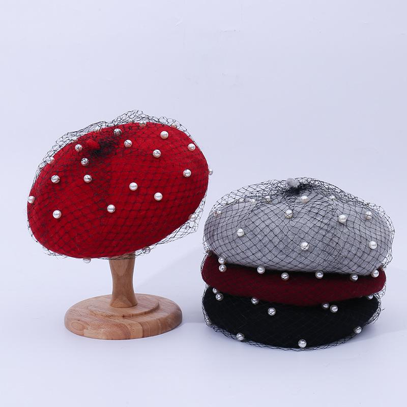 

Berets Women Girl French Pearl Mesh Warm Wool Beanie Hat Vintage Plain Beret Hats Solid Color Elegant Lady Winter Caps HR122316, Blue;gray