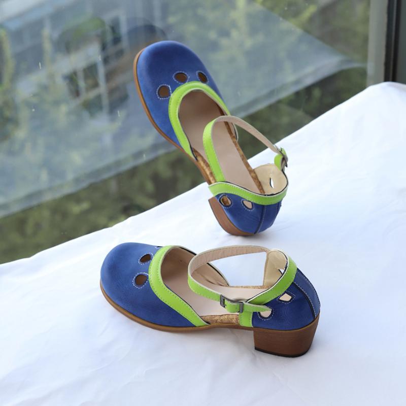 

Dress Shoes Retro Hollow Mid Heel Women Mixed Colors Pumps Student Mary Jane Girl Lolita Heels Female Blue Green Leisure Shoe