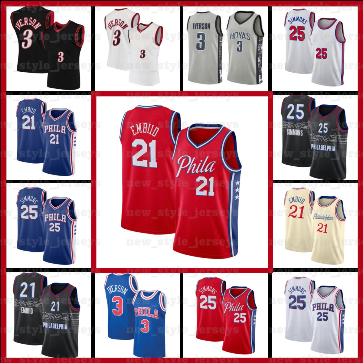 

NCAA 21 Joel Simmons Iverson Embiid 25 Ben 3 Allen Philadelphia 76er jersey Basketball Jerseys n2, Black;red