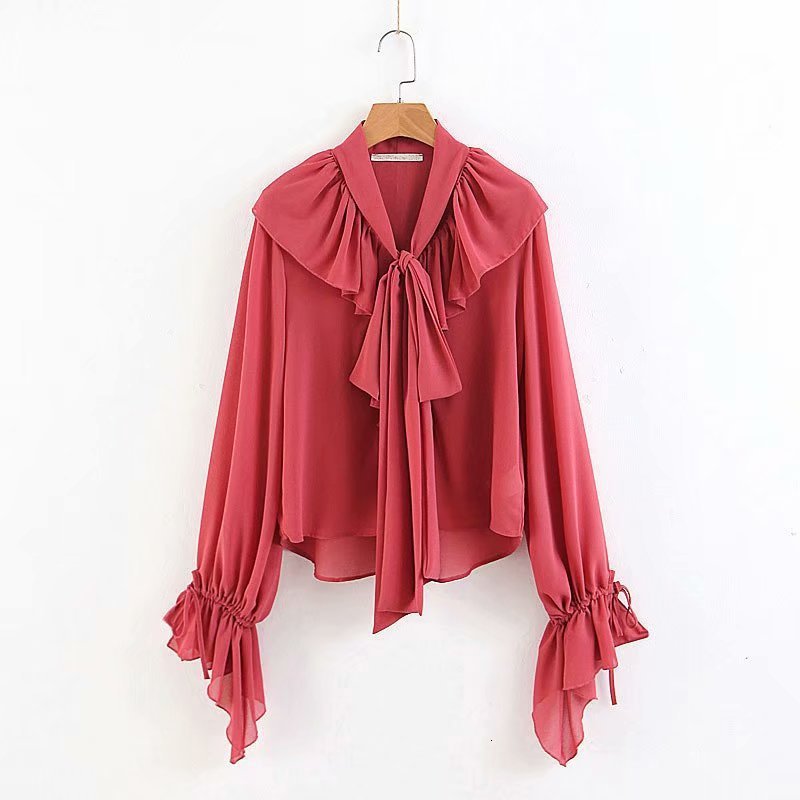 

2021 New Butterfly Chiffon Blouse Women Spring Summer Shirts Long Sleeve Blusas Korea Style Womens Shirt Tops Office Lady Clothing 5y01, Red