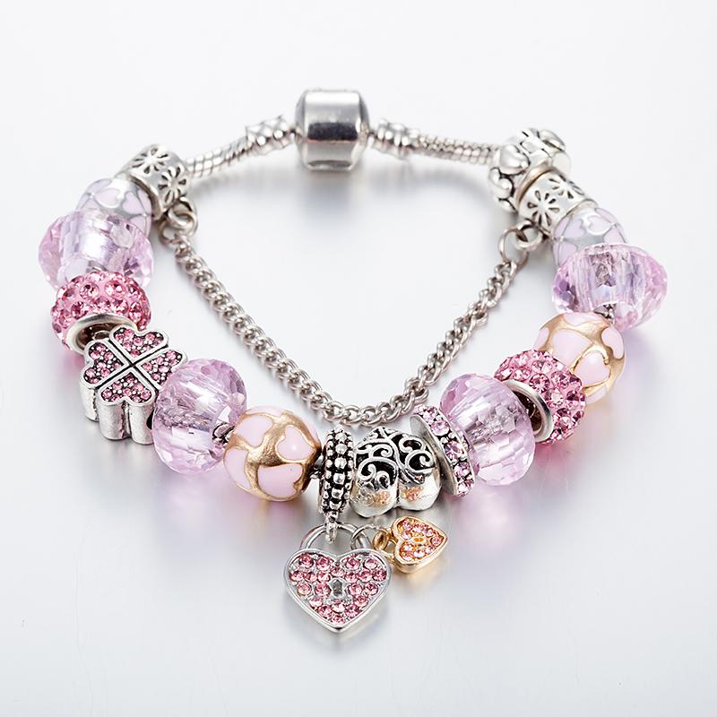 

Charm Bracelets ANNAPAER 2021 Retro Est European Heart Pink For Women Chain & Bangles DIY Jewelry Pulseras B16069, Golden;silver