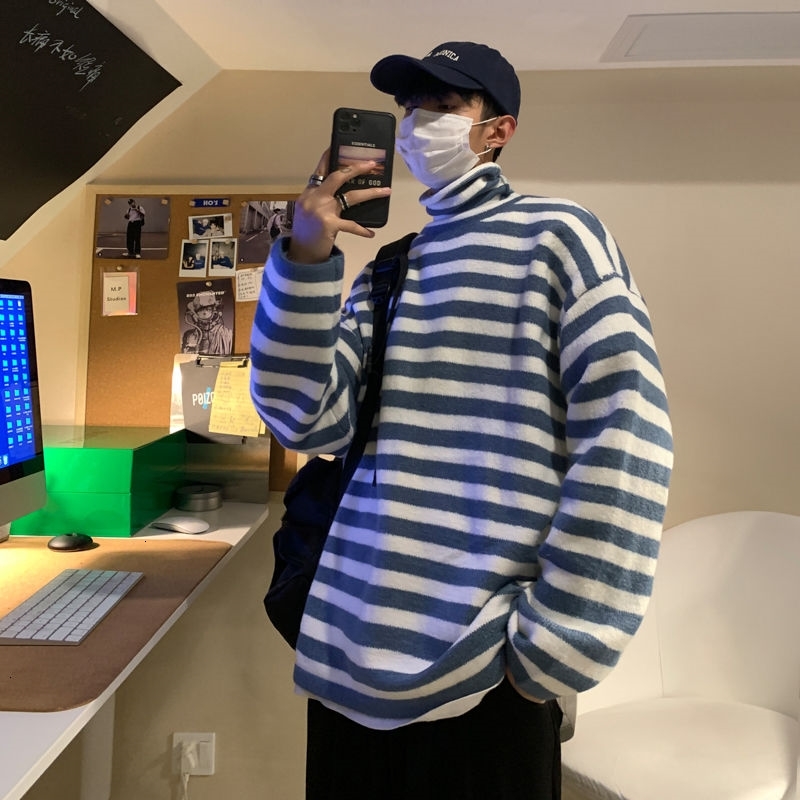 

2021 New Winter Turtleneck Men's Warm Fashion Casual Knit Pullover Men Streetwear Striped Sweater Mens Clothes Q5dh, Blue
