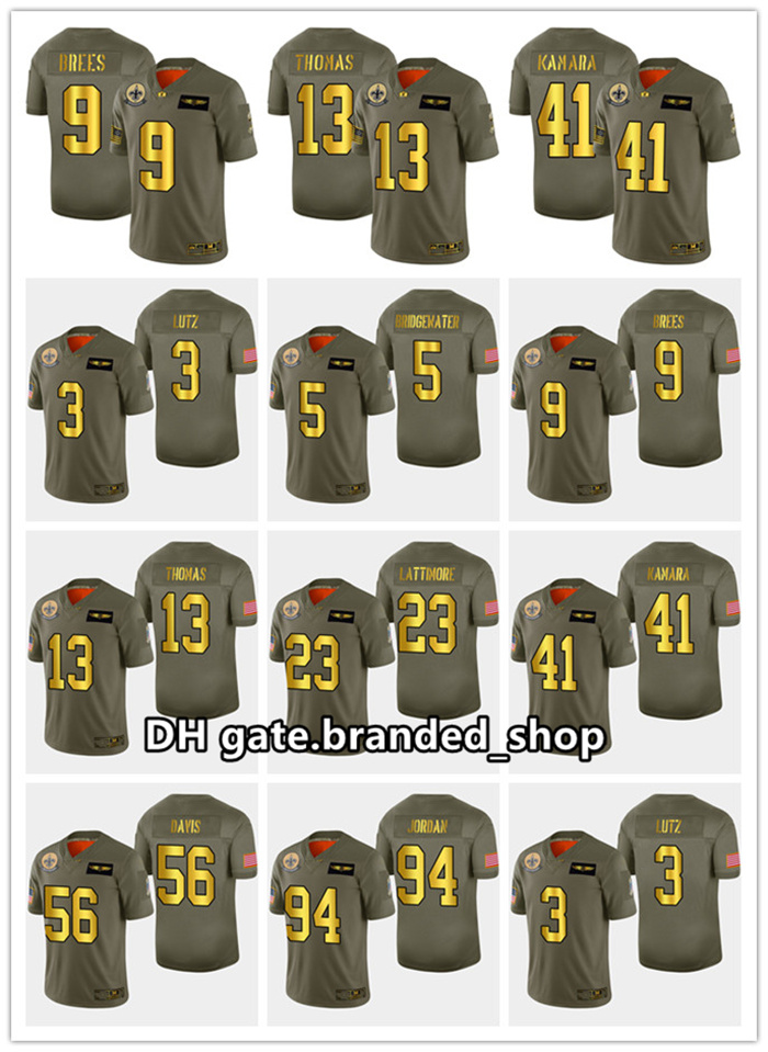 

New Orleans Saints men 9 Drew Brees 41 Alvin Kamara Michael Thomas Marshon Lattimore Olive/Gold Salute To Service Limited Jersey, Black;red