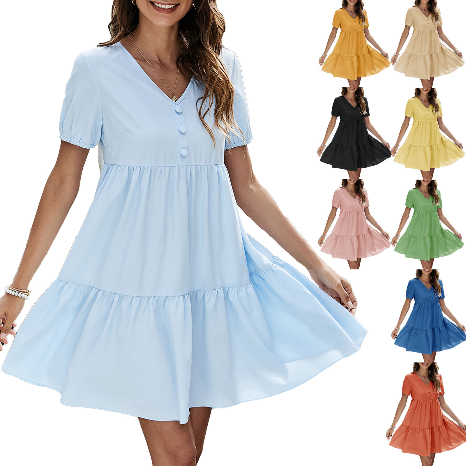 

2021 summer solid color short-sleeved casual pleated dress, Light yellow