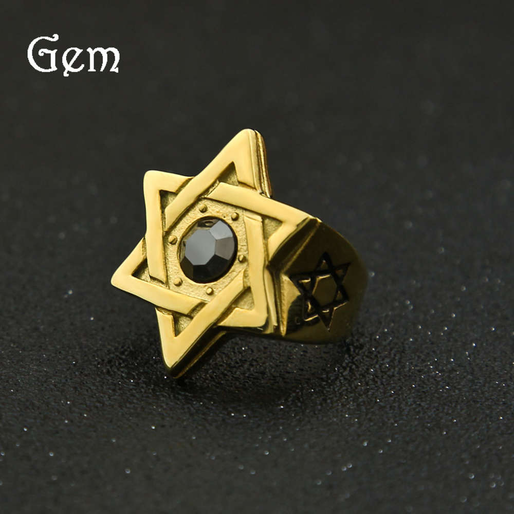 

Hip hop black stone stainless steel David star men's ring fashion men's jewelry