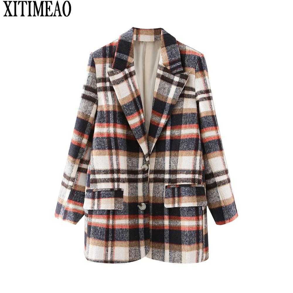 

XITIMEAO Women Casual Woolen Coat Blazer Office Lady Plaid Slim Suit Single Breasted Thickening Ladies Blazers 210604, As pitcure