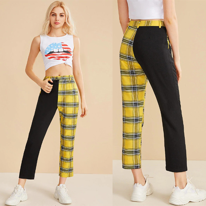 

2021 Panelled Black Yellow Plaid Spliced Pants Women Harajuku Autumn New Design High Waist Straight Fashion Trouser Ankle-length 9r4b