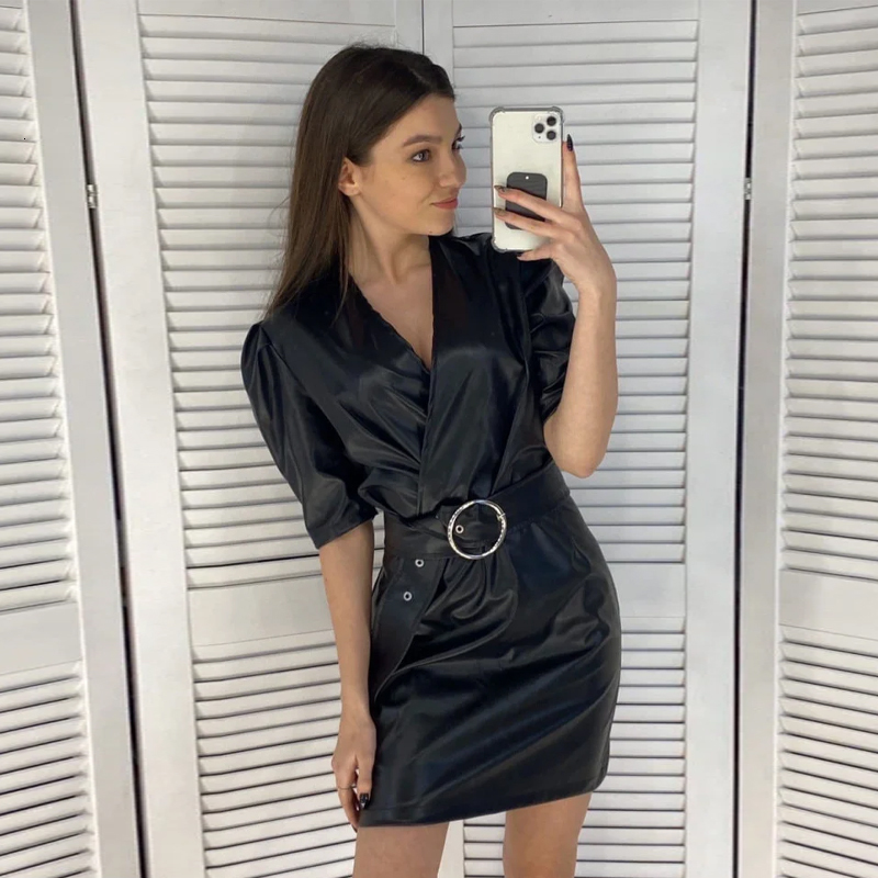 

Vintage Pu Deep v Neck a Line Mini Solid Short Sleeve Sashes Elegant Prom 2021 Spring New Fashion Women Oui9, Black