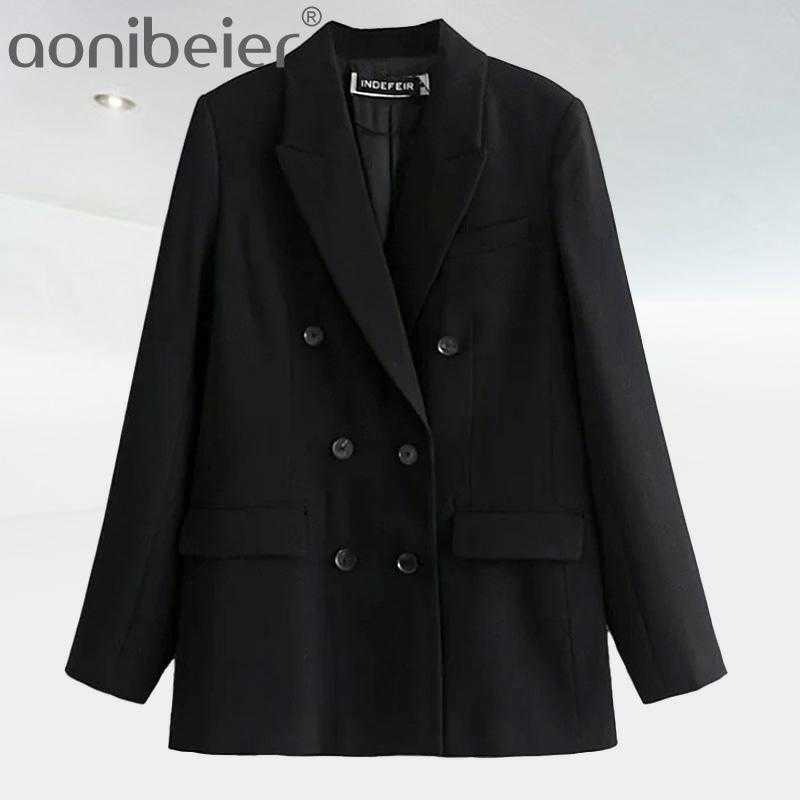 

Spring Autumn Office Lady Suit Blazer Solid Color Notched Long Sleeve Double Breasted Top Women Black Mujer 210604
