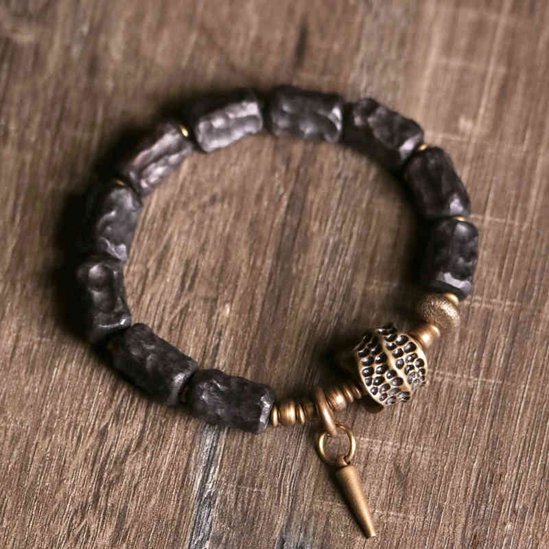 

qu weihua leisure handmade ebony hand string male neutral bracelet personalized meteorite face antique jewelry, Golden;silver