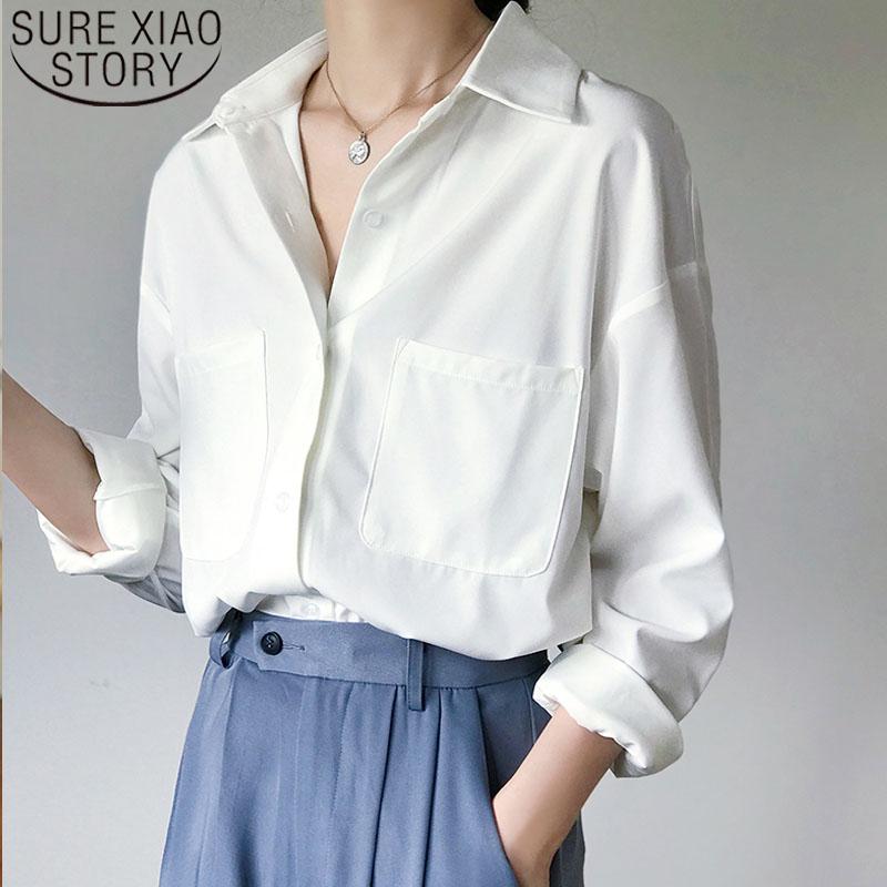 

Women's Blouses & Shirts 2022 Spring Office Lady Women White Long Sleeve Solid Two Pockets Tops Turn-down Collar Fashion Clothing