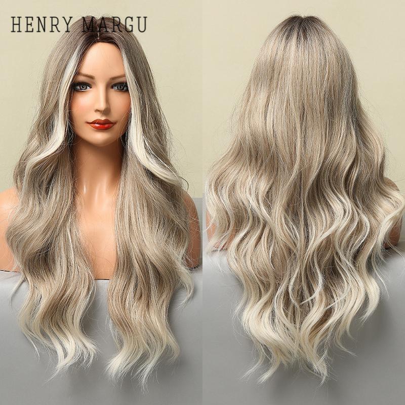 

Synthetic Wigs HENRY MARGU Long Wavy Blonde White Gray Ombre Natural Cosplay For Women Middle Part Wig Heat Resistant, Black