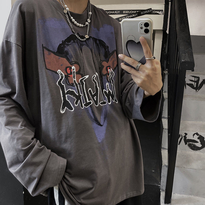 

2021 New Gray Oversized t Shirt Streetwear Harajuku Autumn Tops Funny Tees Spring Long Sleeve High Street Japan T-shirt 660e