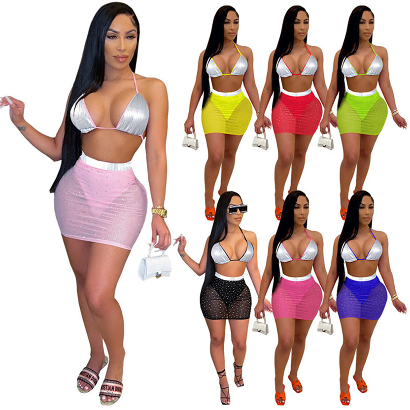 

Women night clubs wear sexy top+ sheer miniskirt plus size 2XL sleeveless bra+mesh skinny one-piece dress 2pcs sets package hip skirt 4567, Pls remark colors if need