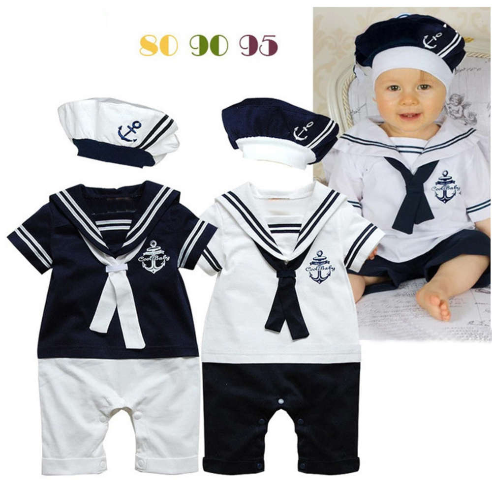 

Baby short sleeve suit summer cotton Navy style Jump baby climbing, White