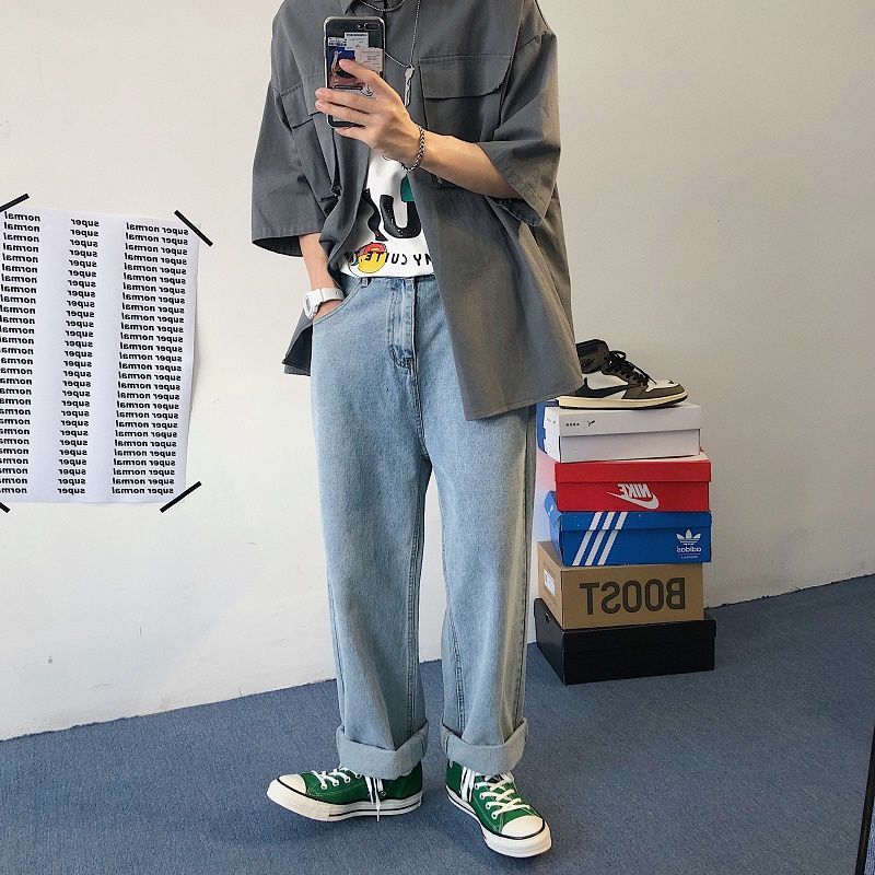 

2021 New Men's Fashion Straight Simple Baggy Homme Jeans Cargo Pocket Blue Color Casual Pants Biker Denim Trousers Plus Size -xl W1tg