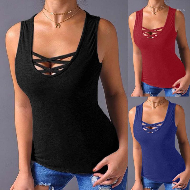 

Camisoles & Tanks Sleeveless Solid Color Tank Women Cross Bare Chest Top Vest Casual Slim Fit Cotton Sports Fitness Short Sleeved Party, Bk