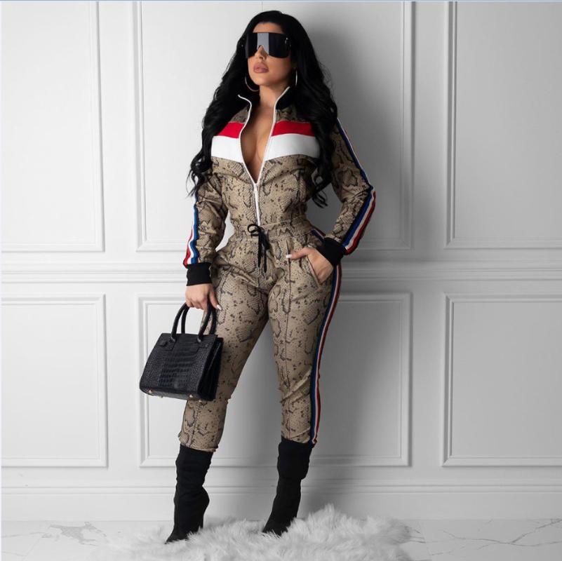 

European and American Fashion Snakeskin Ribbon Digital Printing Casual Suit, Khaki