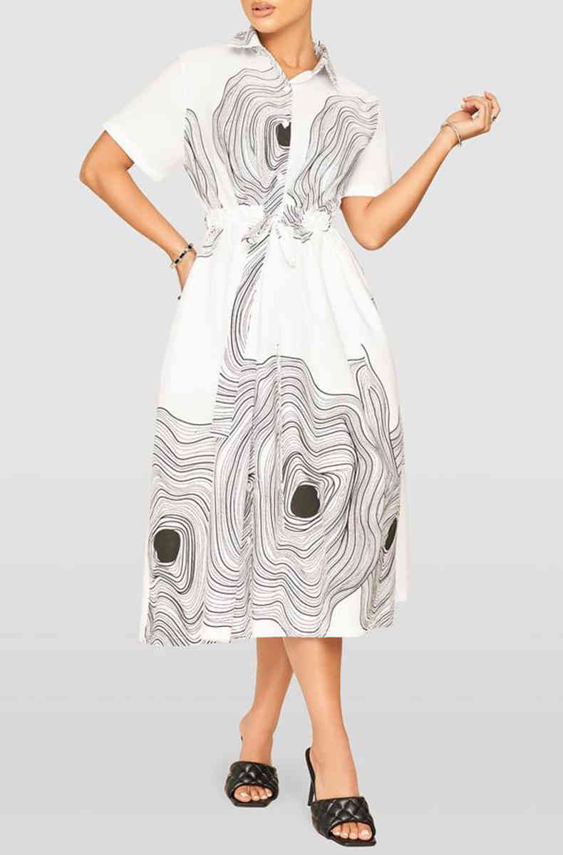 

Ladies Short Sleeve Lapel Fashion Casual Sexy Printed Personalized Cardigan Dress, Black;gray