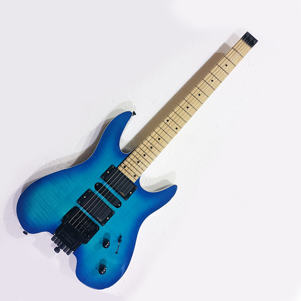 

Factory Outlet-Blue Headless Electric Guitar with Flame Maple Veneer,Maple Fretboard