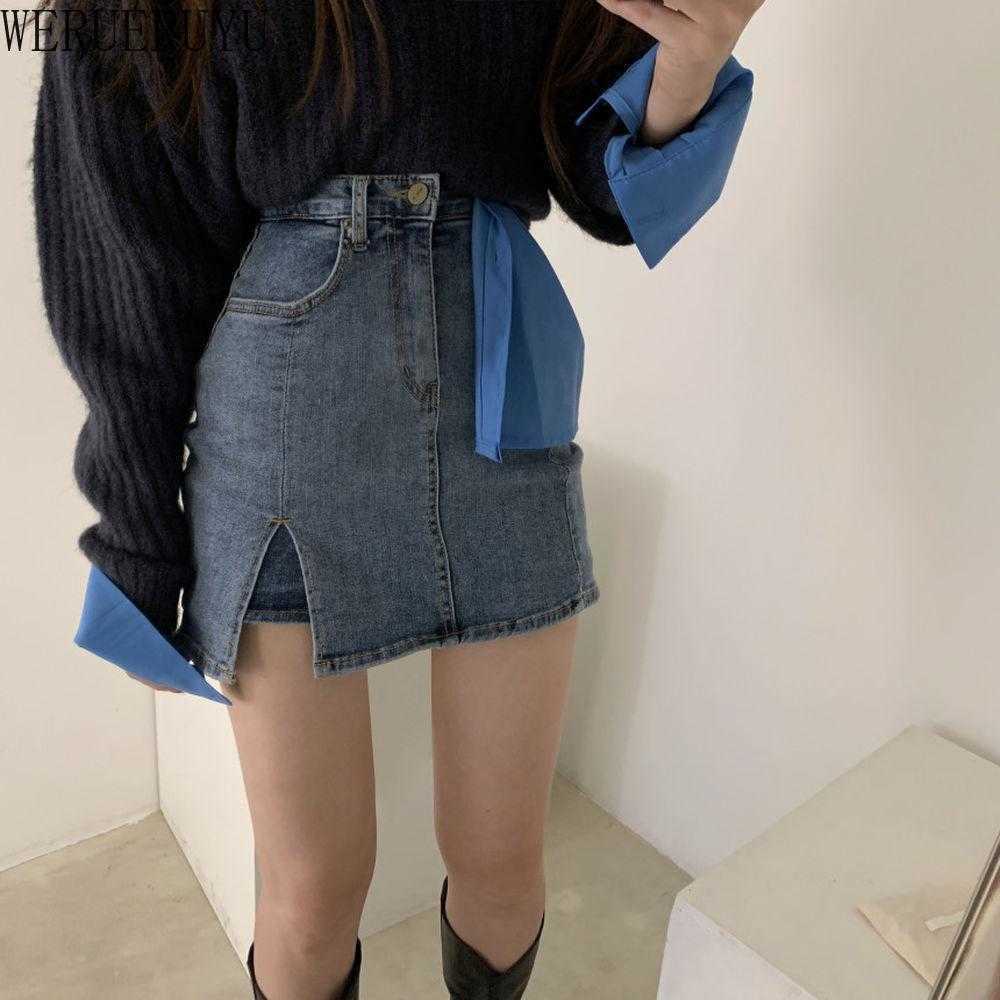 

WERUERUYU Women's shorts summer high-elastic fashion casual wild split denim short skirt pants Korean high waist jeans 210608, Photo color
