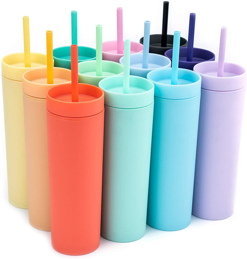 

16oz Acrylic Tumblers Mugs Matte Colors Water Bottle Double Wall 500ml Tumbler Coffee Drinking Plastic Sippy Cup With Lid Straws Cup