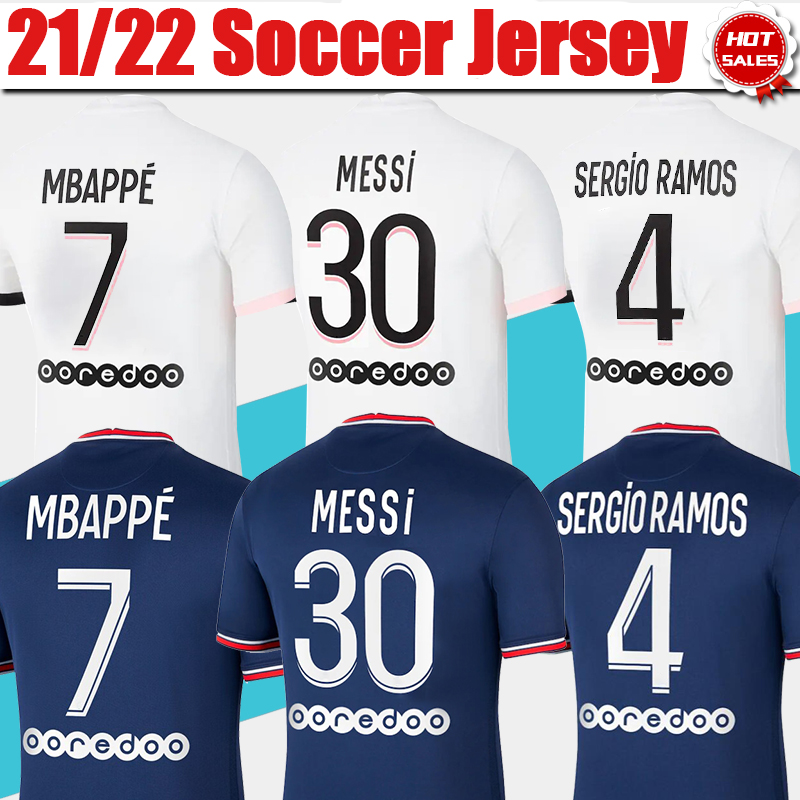 

#30 MESSI 21/22 soccer jersey Away White #7 MBAPPE #4 SERGIO ROMAS Home Blue soccer shirt 2021/2022 Fans version #11 DI MARIA #18 WIJNALDUM Men Football Jerseys Uniforms, Home +ucl patch