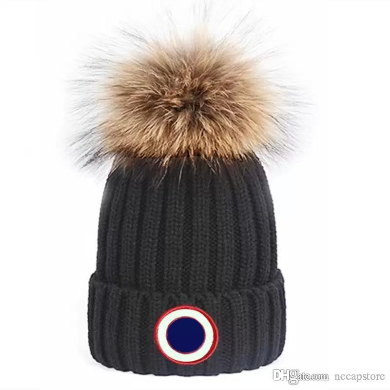

Winter Caps Hats Women Bonnet Thicken Beanies with Real Raccoon Fur Pompoms Warm Girl Cap Snapback Pompon Beanie Hat, Khaki