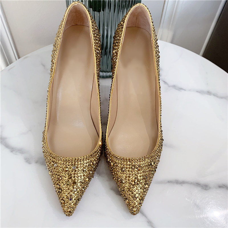 

Casual Designer Sexy Lady Fashion Women Shoes Gold Glitter Strass Crystal Pointy Toe Stiletto Stripper High Heels Zapatos Mujer Prom Evening pumps 12cm large size 44, Gold 12cm