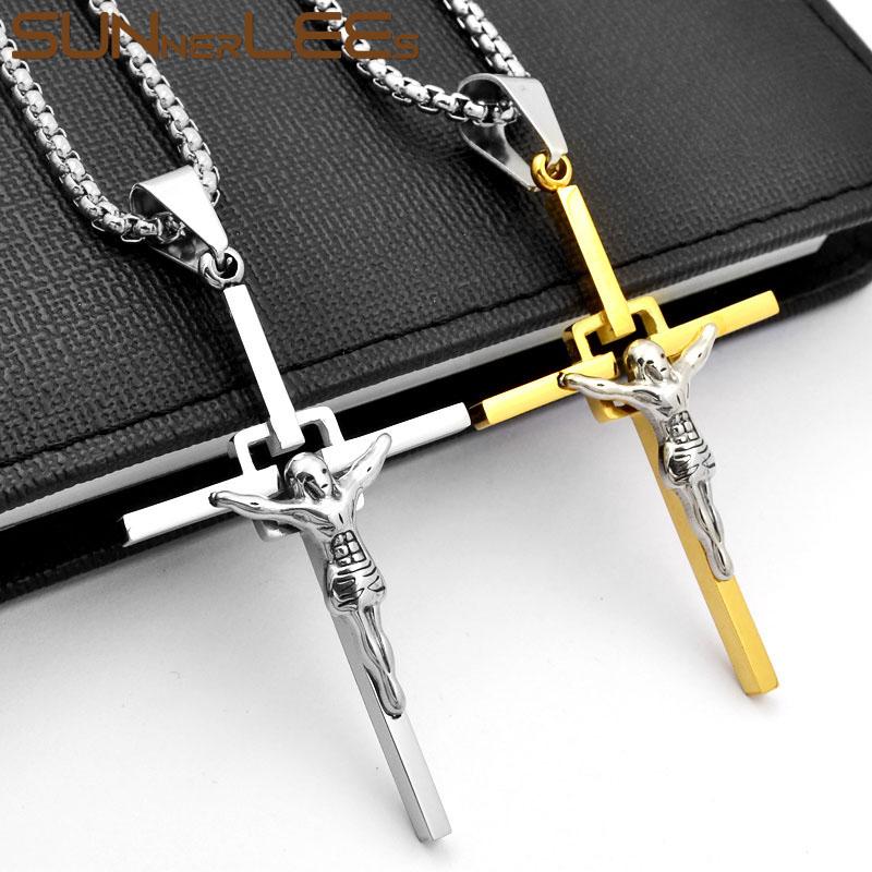 

Pendant Necklaces SUNNERLEES Jewelry Stainless Steel Jesus Christ Cross Necklace Silver Color Gold Plated Link Chain Men Women Gift SP242