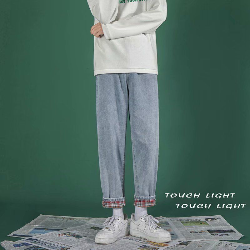 

2021 New of the Men Loose in a Straight Line Casual Trousers Plaid Fine Strain Washing Jeans Cargo Biker Pocket Denim Black/blue Color Rqk2, Light blue.