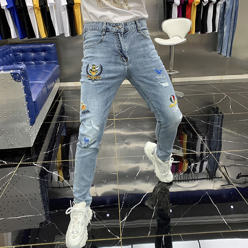 

Men's Bee Embroidery Wash Denim Men New Spring Fashion Korean Vaqueros Ny Jeans Moda 2021 Yrop, Blue