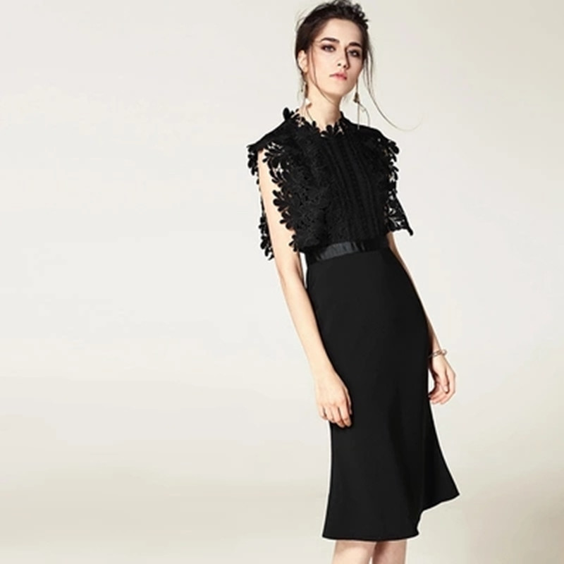 

Summer Self Portrait Customized Black Lace Patchwork Dresses Hollow Out Sleeveless Women Bodycon Mermaid Party Dress 210525, Picture color