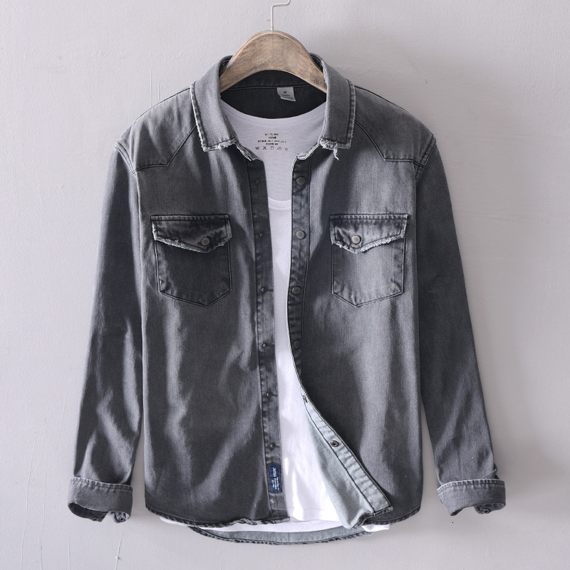 

2021 New Japanese Style Fashion Men Shirts High Quality Retro Gray Blue Long Sleeve Casual Cotton Denim Shirt Vintage Designer Camisas Vcko