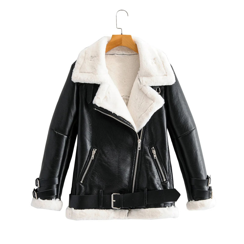 

Winter Women Thick Double-faced Fur Jacket Female Casual Lapel Collar Zippers Adjustable Waist Leather Jacket Coats, Beige