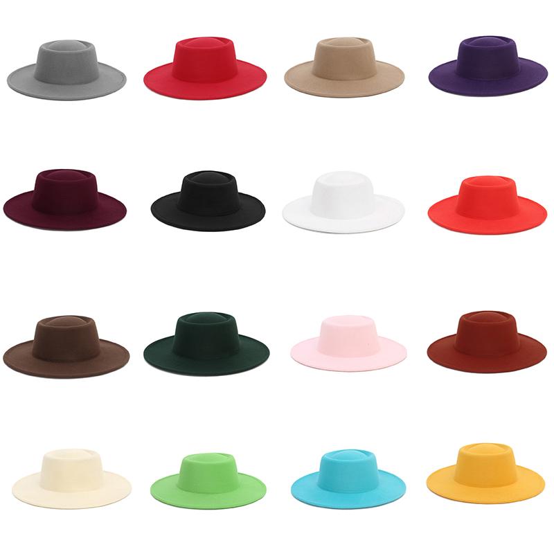 

Wide Brim Hats Women Hat Classic Solid Color Top Pork Pie Fedoras Female Men Flat Jazz Cap Party Accessories, White