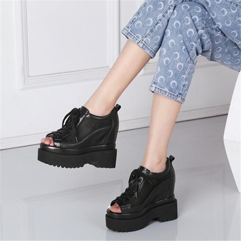 

Roman Gladiator Mesh Peep Toe Pumps Women Genuine Leather Height Increasing Wedge High Heels Platform Shoes Lady Lace Up Dress, White